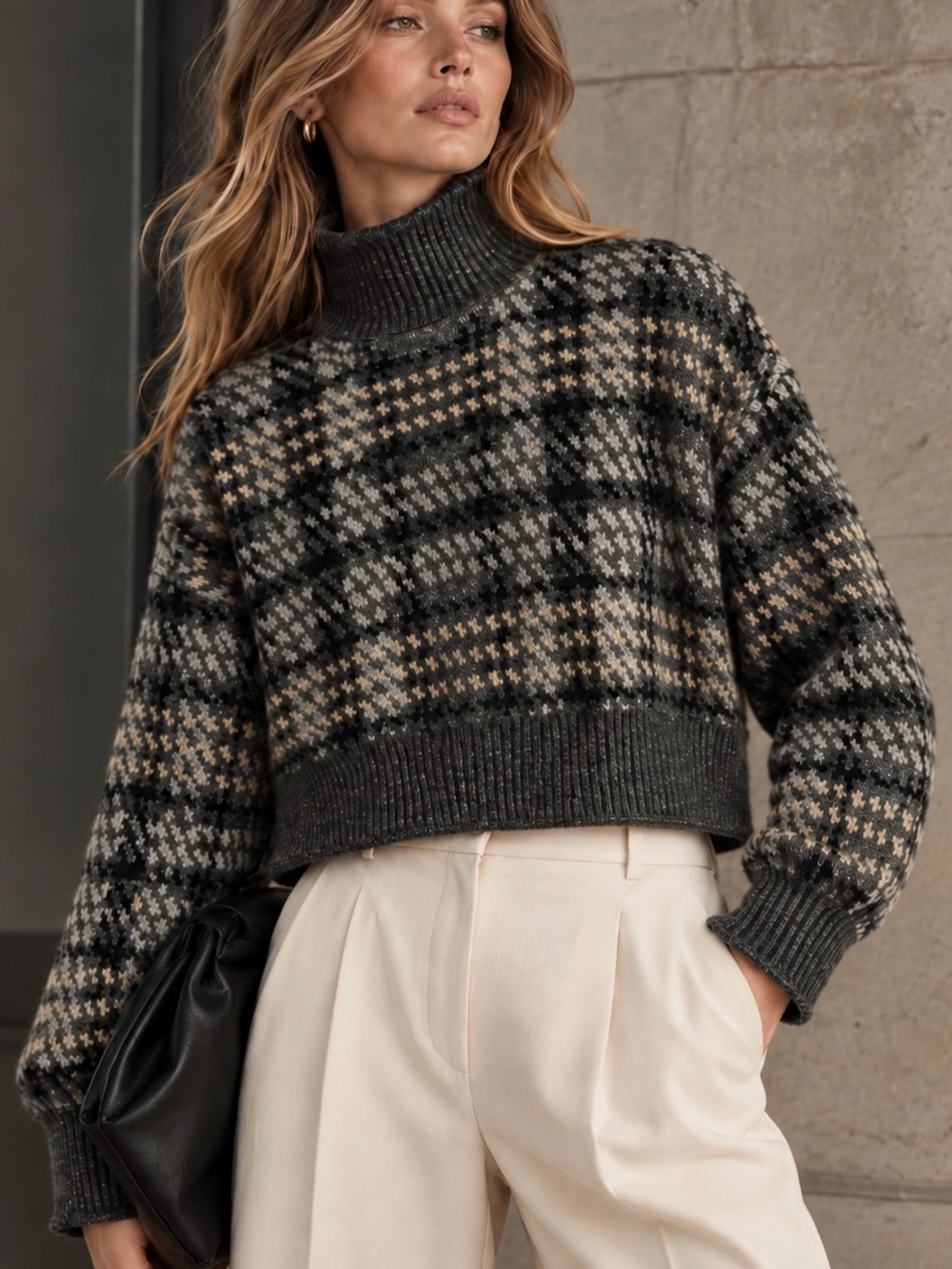 Arizona Jean Co Cropped Plaid Turtleneck Sweater Charcoal XS/S